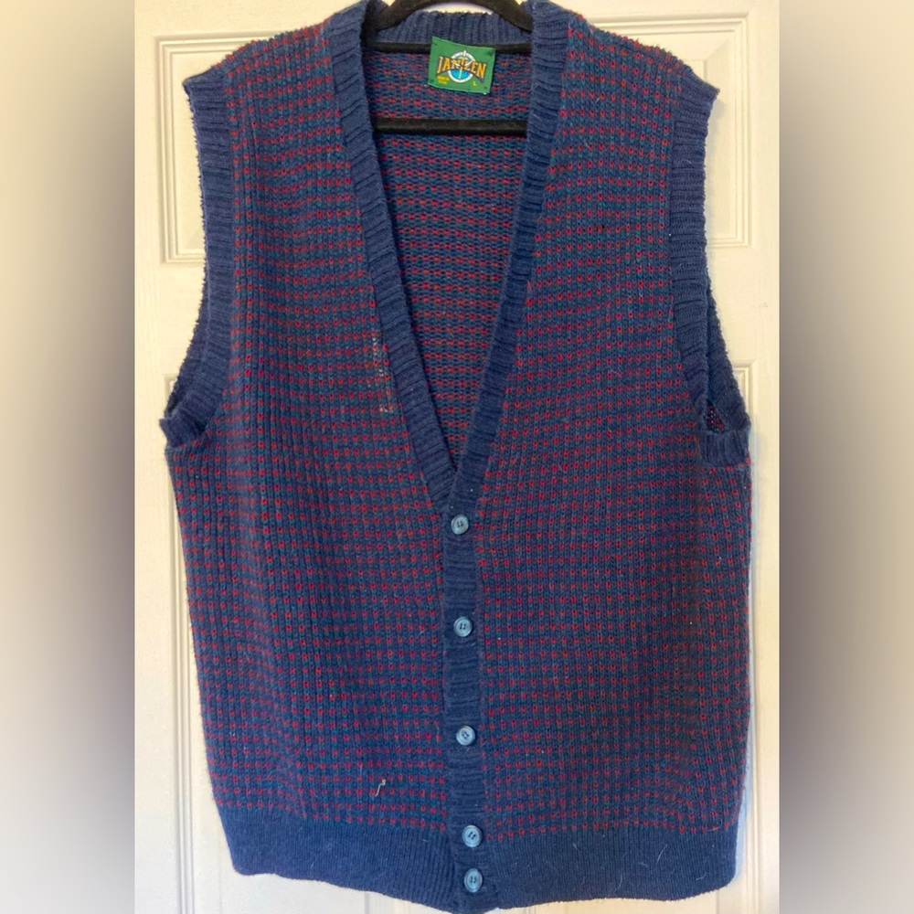 Vintage JANTZEN Button Sweater Vest Navy Blue Mens Size Large